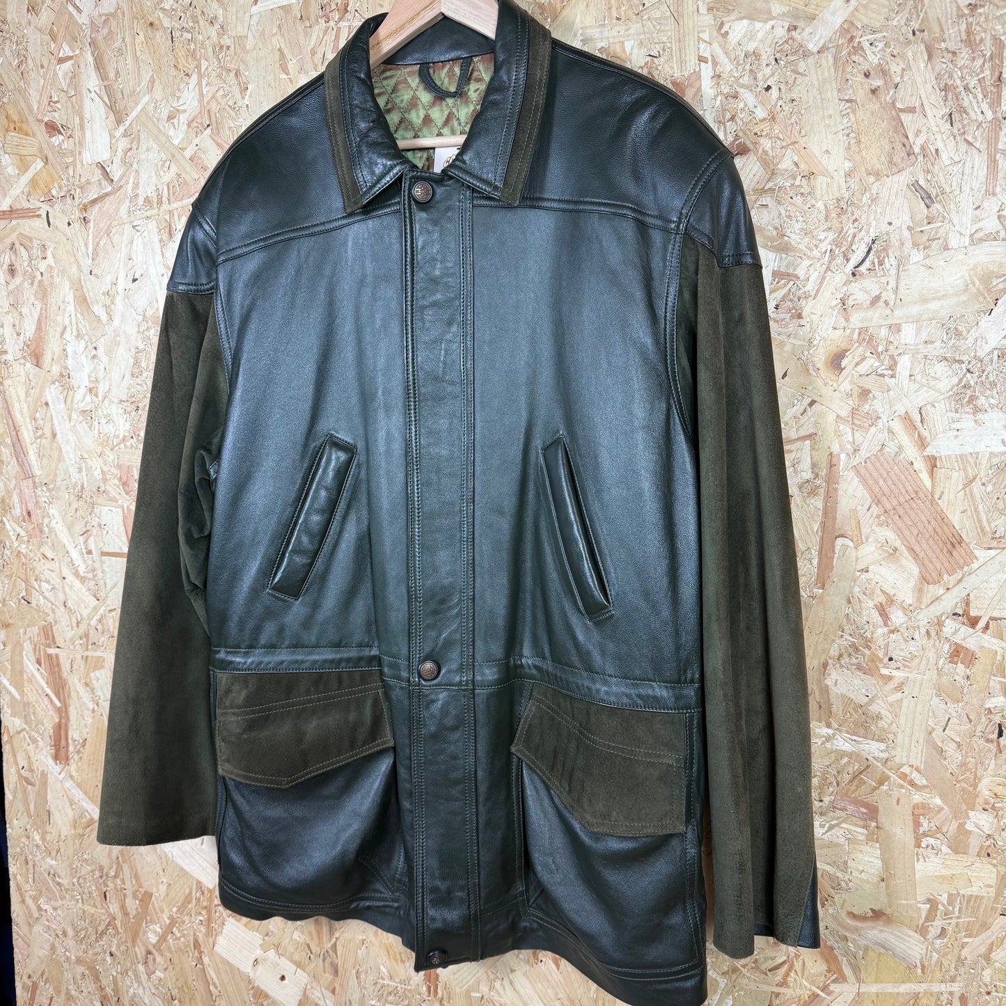 90'S Green Leather And Suede Full Zip Leather Jacket Size 2XL