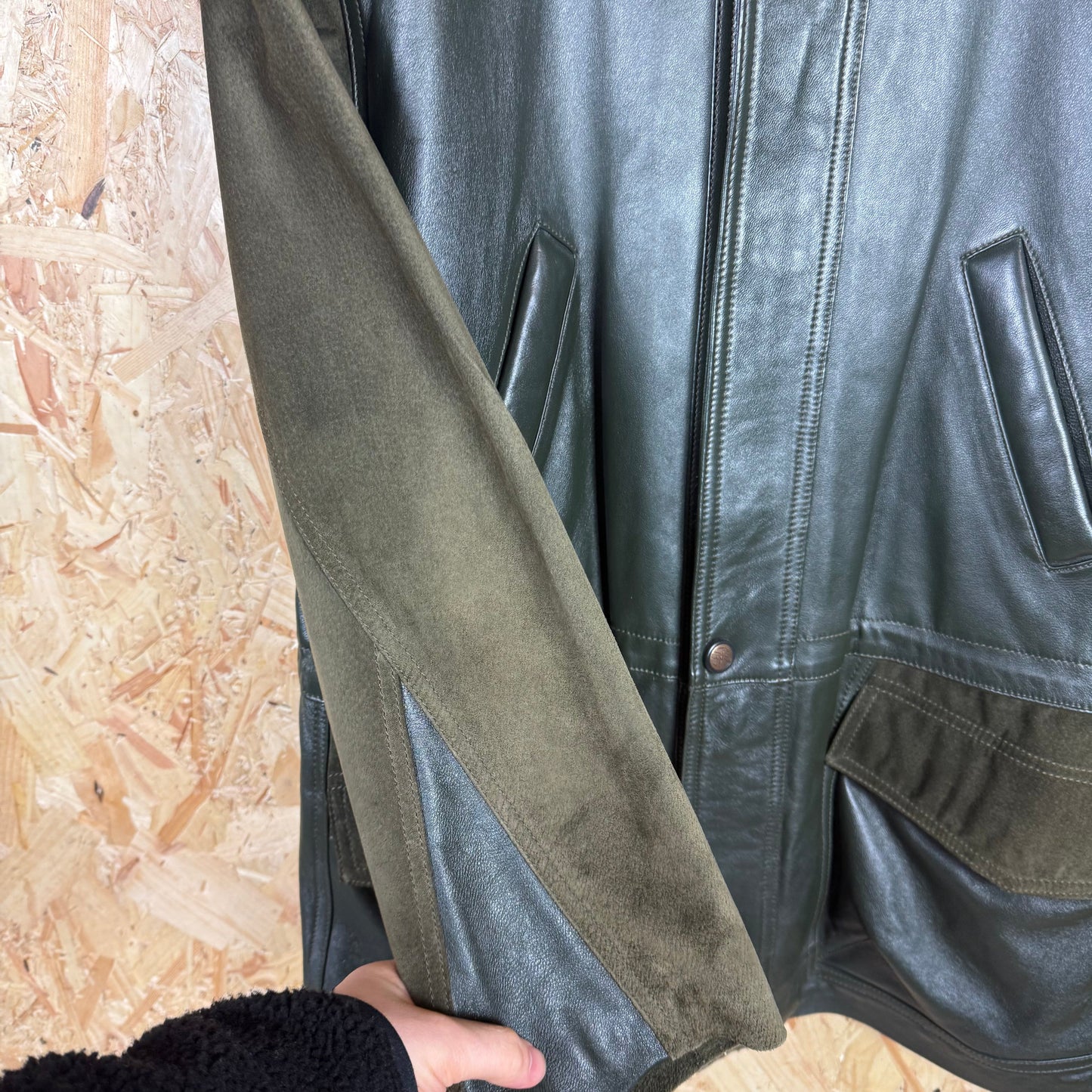 90'S Green Leather And Suede Full Zip Leather Jacket Size 2XL