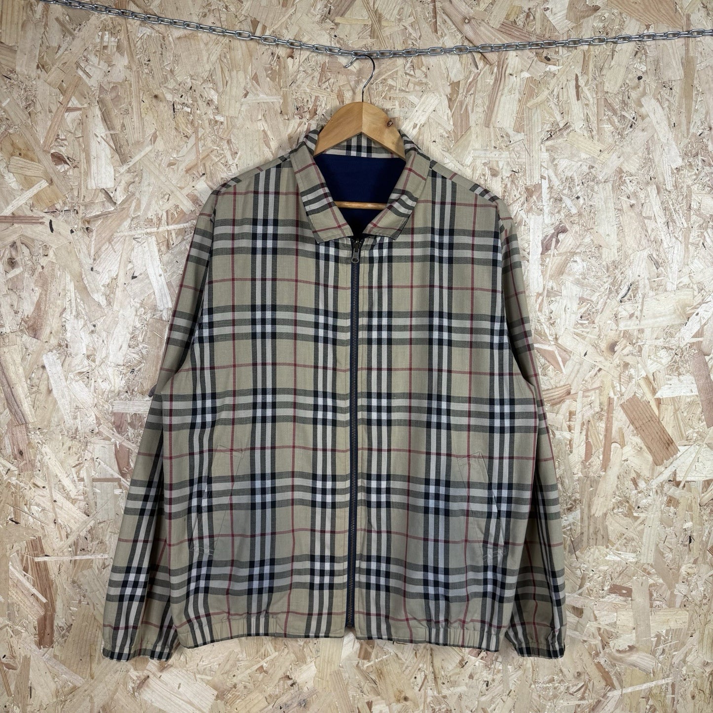 Vintage 90s Burberry Reversible Harrington Jacket L Nova Check Full Zip Navy