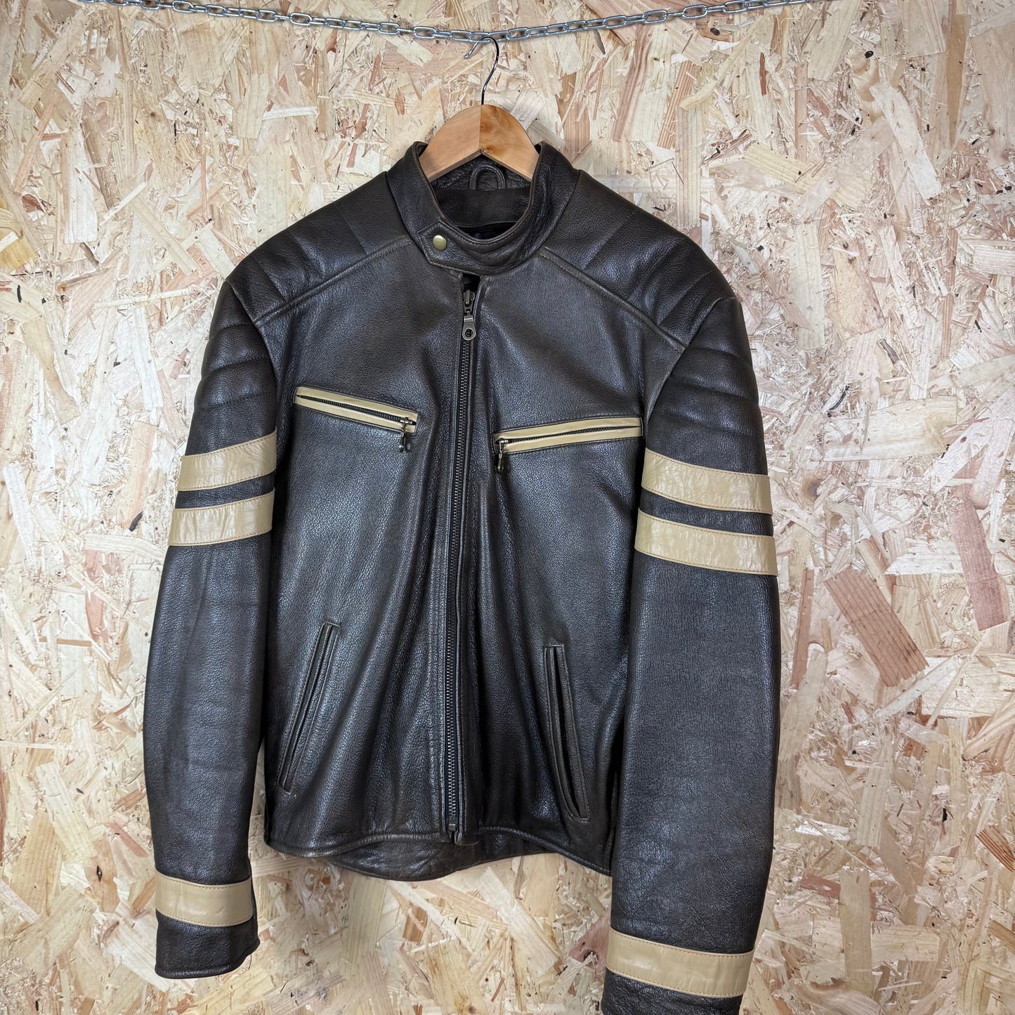 Brown leather cafe racer jacket Large full zip 90s