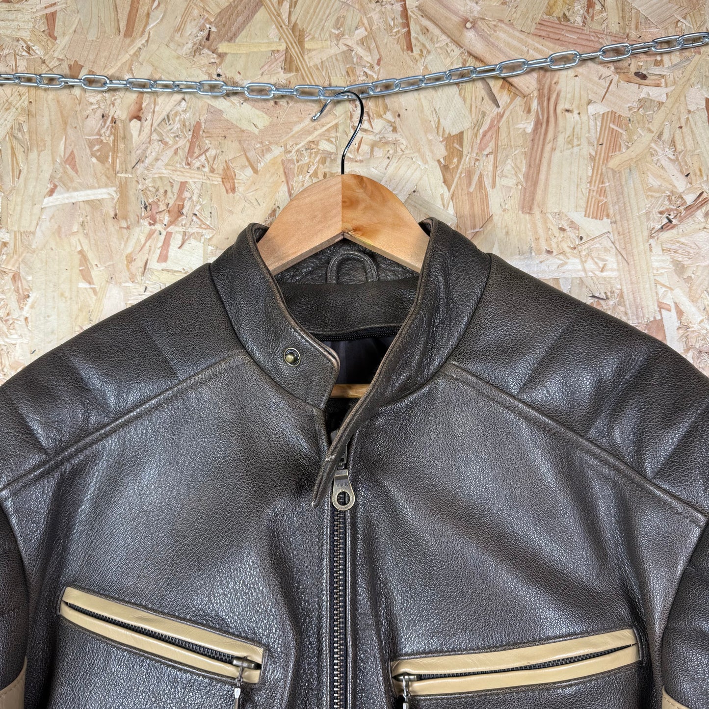 Brown leather cafe racer jacket Large full zip 90s