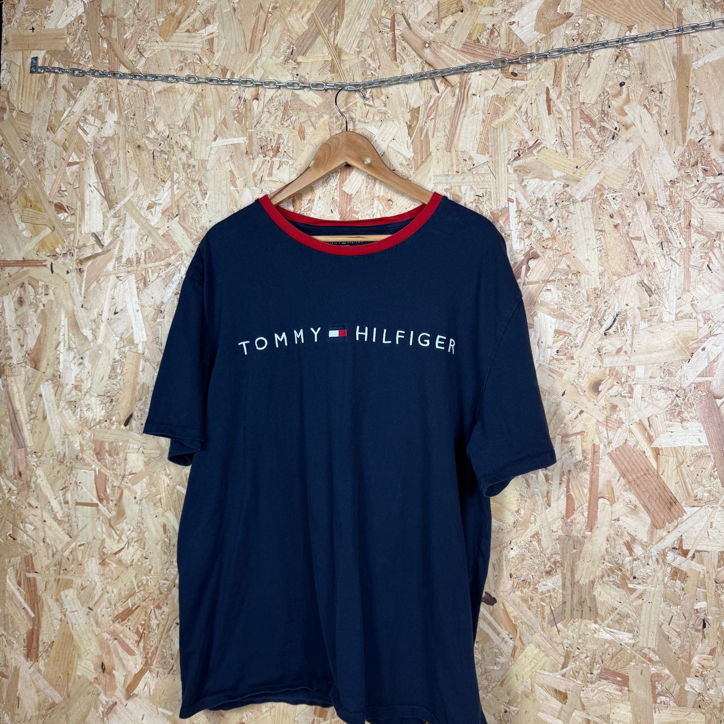 Tommy Hilfiger Blue Spell Out T-Shirt Red Collar Size 2XL