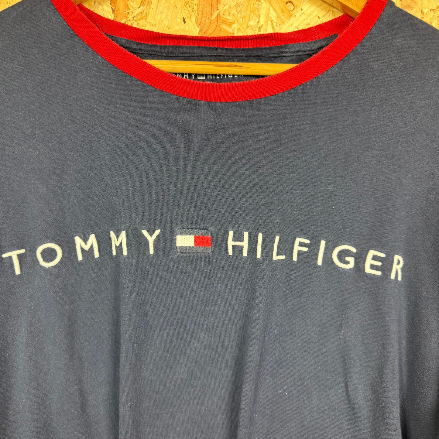 Tommy Hilfiger Blue Spell Out T-Shirt Red Collar Size 2XL