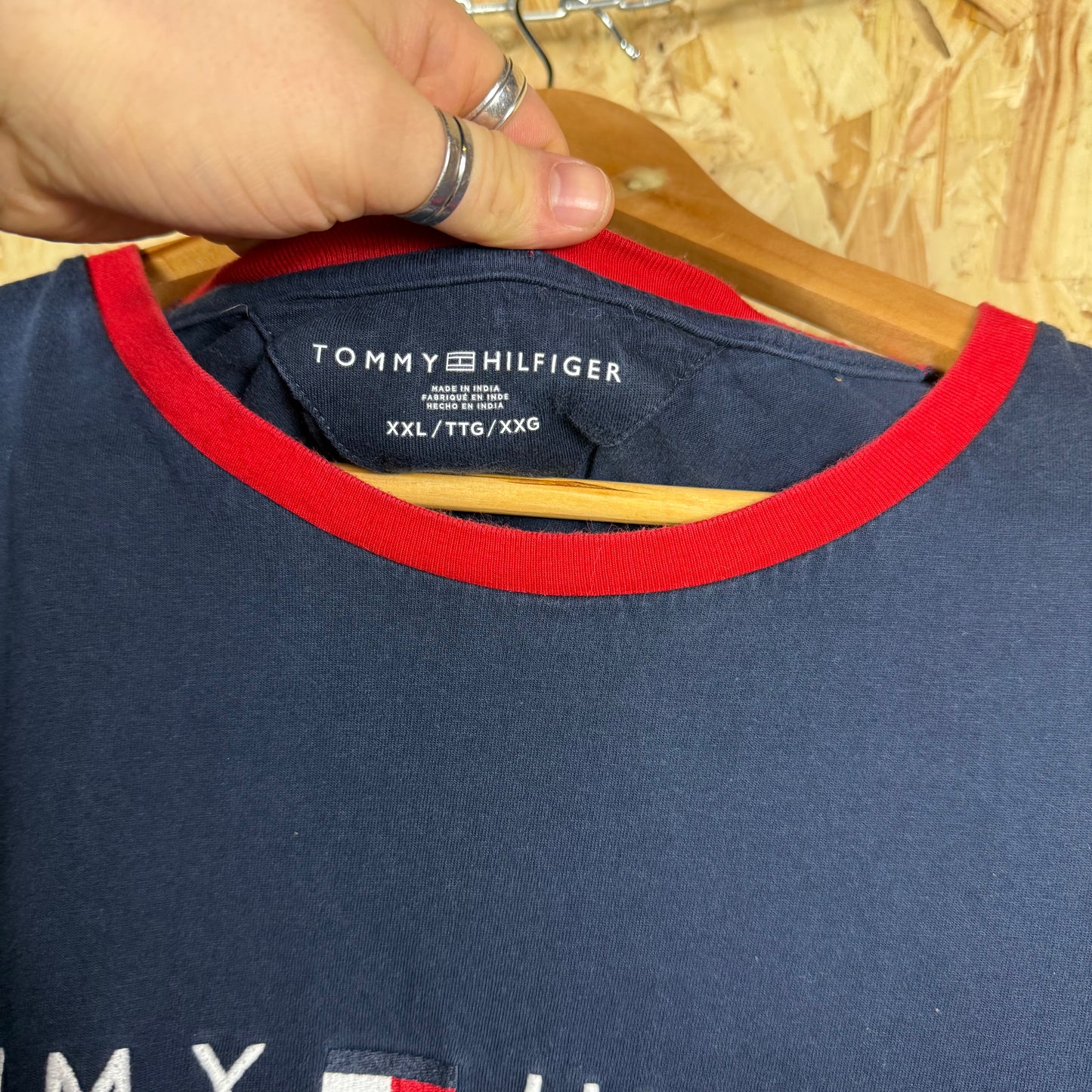 Tommy Hilfiger Blue Spell Out T-Shirt Red Collar Size 2XL
