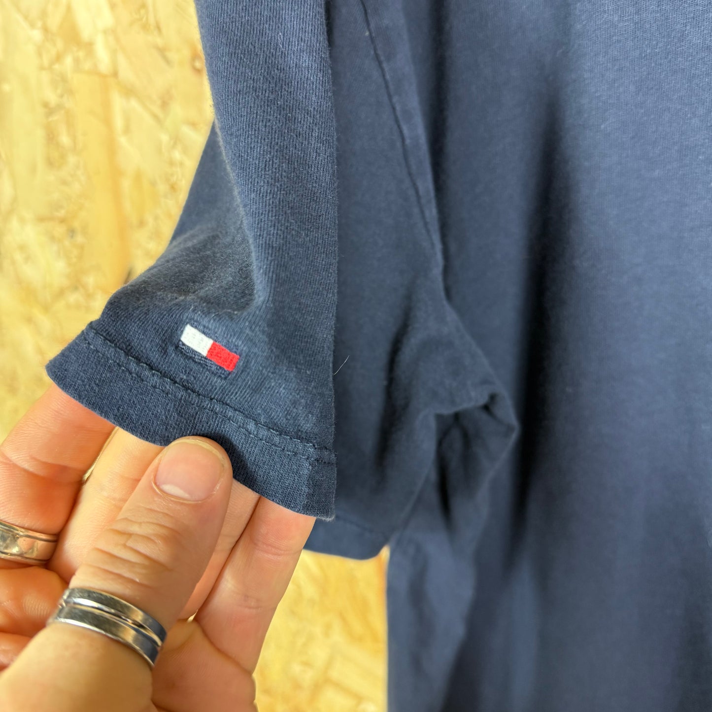 Tommy Hilfiger Blue Spell Out T-Shirt Red Collar Size 2XL