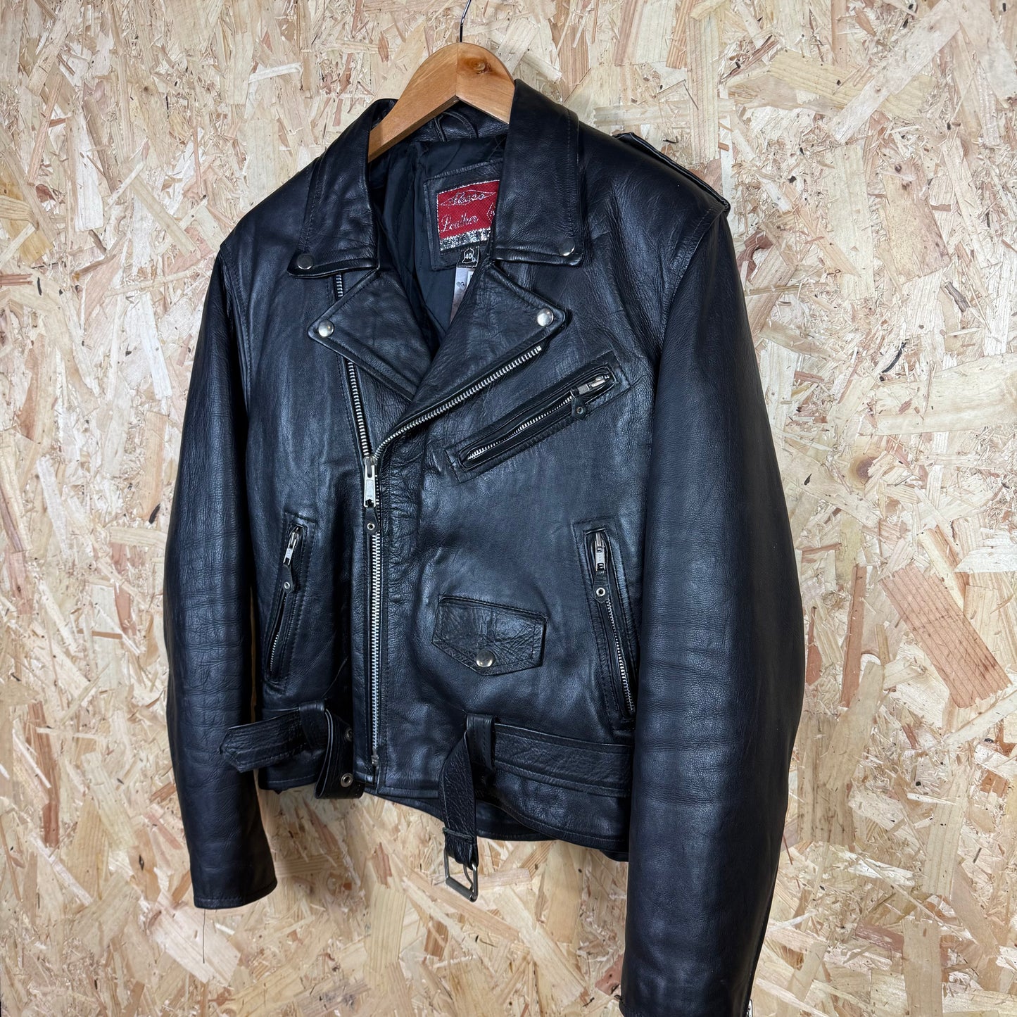 90's Leather Zip Front Biker Style Black Leather Jacket Size M