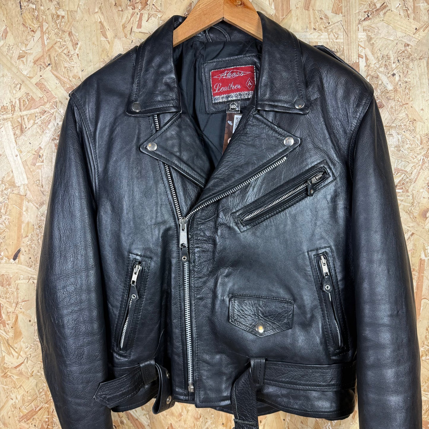 90's Leather Zip Front Biker Style Black Leather Jacket Size M
