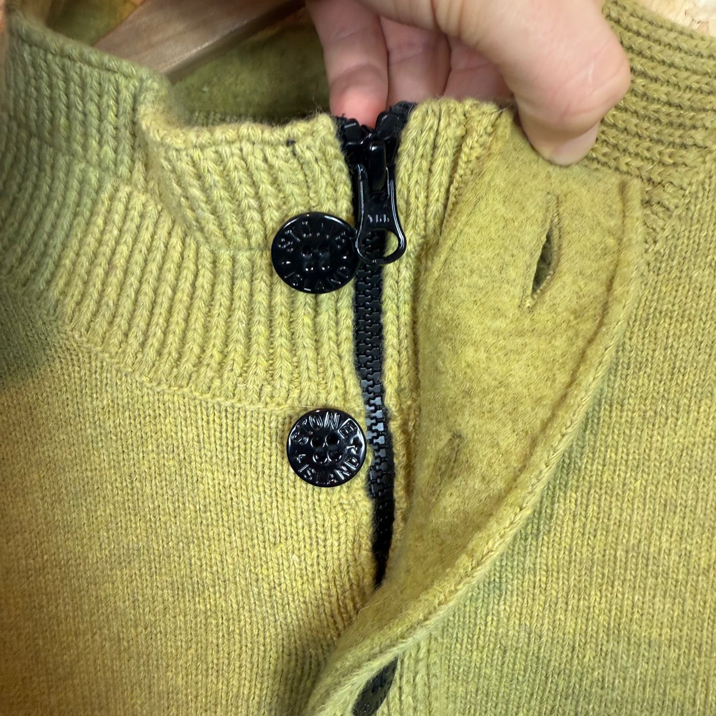 Stone Island Lime Green Wool Knitted Pull Over Quarter Zip Size 2XL