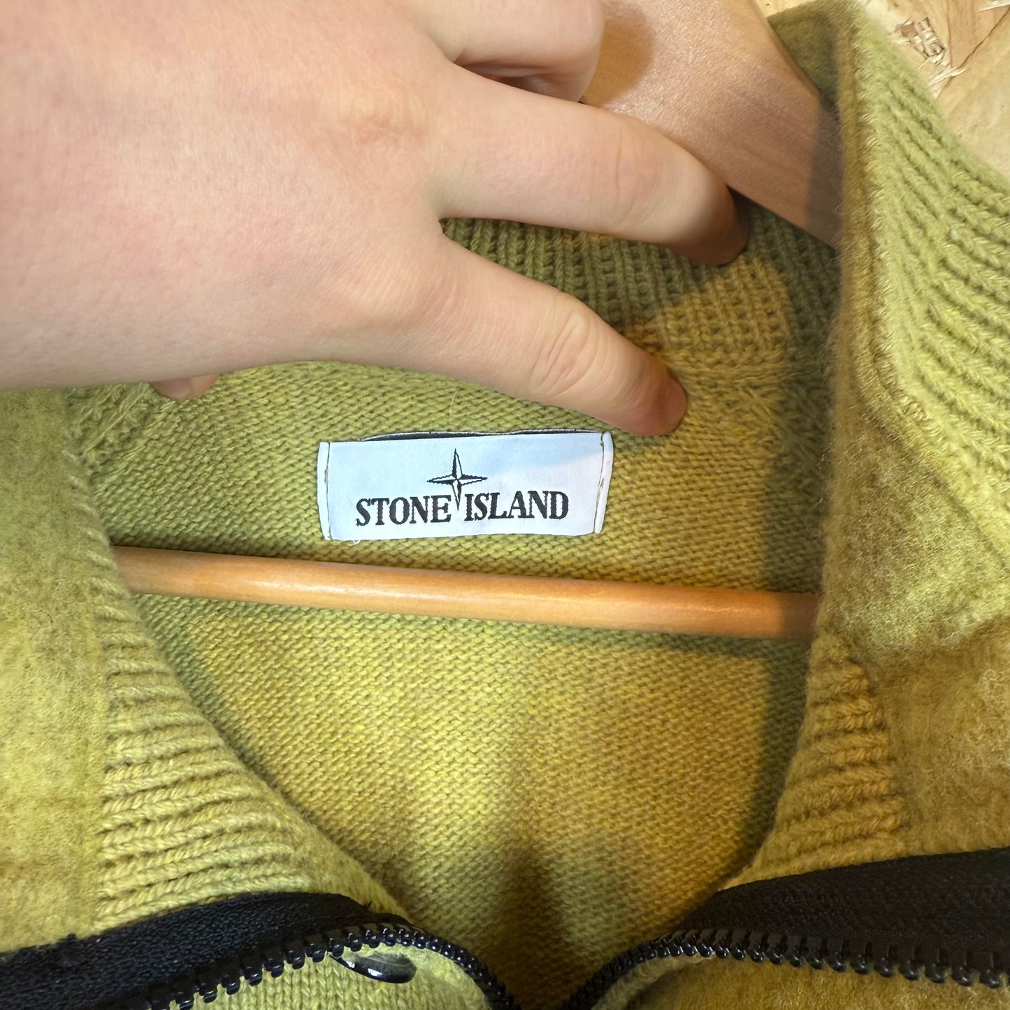 Stone Island Lime Green Wool Knitted Pull Over Quarter Zip Size 2XL