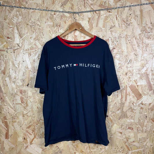 Tommy Hilfiger Blue Spell Out T-Shirt Red Collar Size 2XL