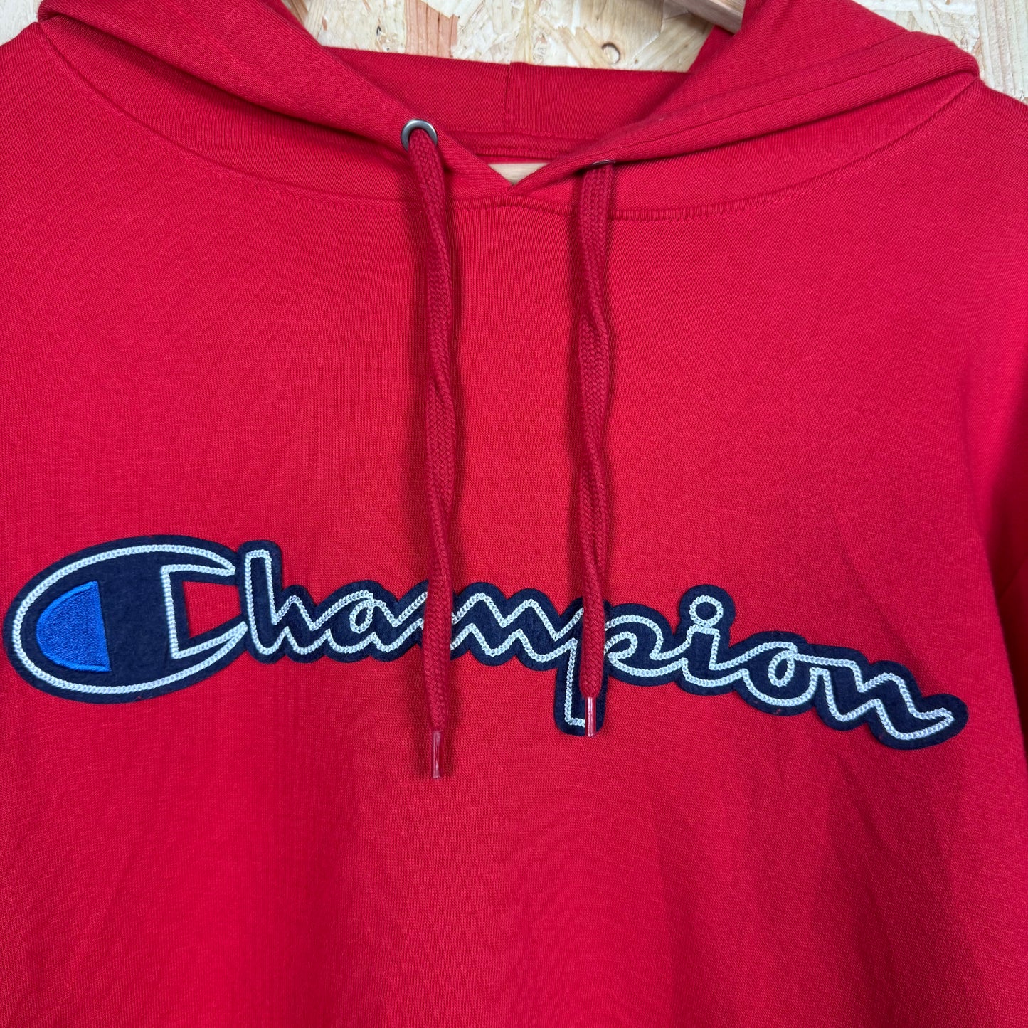 Champion Red Spell Out Hoodie Size L