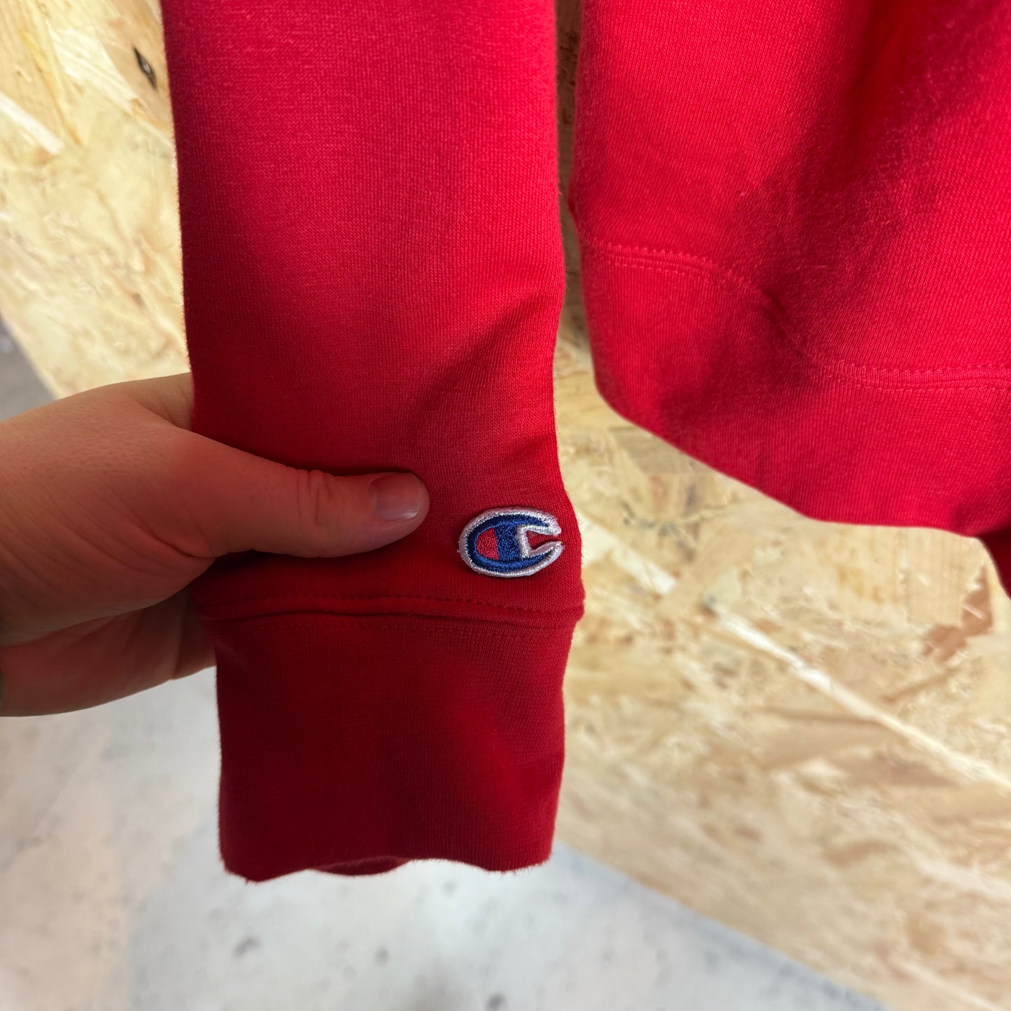 Champion Red Spell Out Hoodie Size L